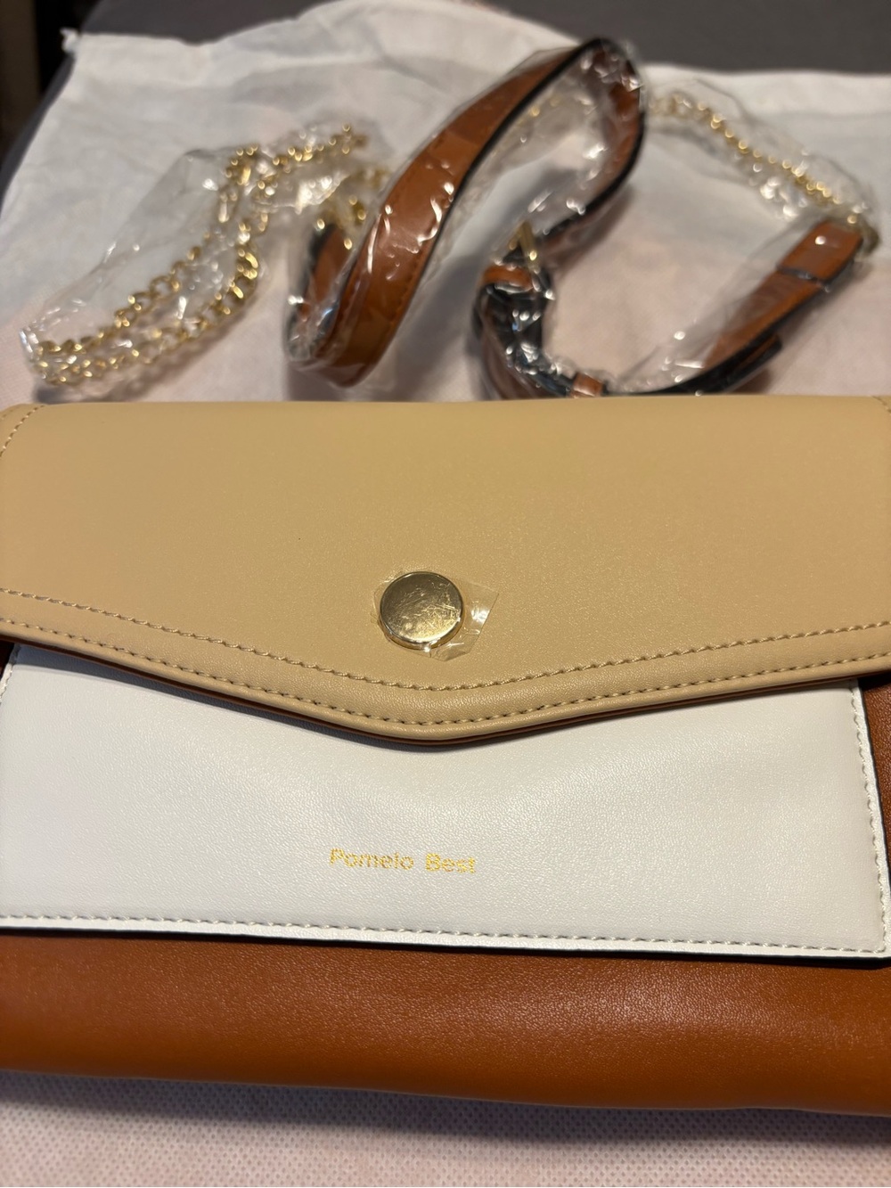 Tri-Panel Tan, Beige and White Crossbody with Gold Chain